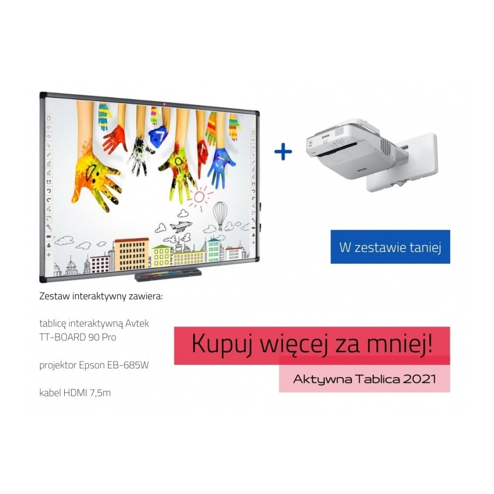 Zestaw interaktywny: tablica interaktywna Avtek TT-BOARD 90 Pro + Epson EB-685W + kabel HDMI 7,5m