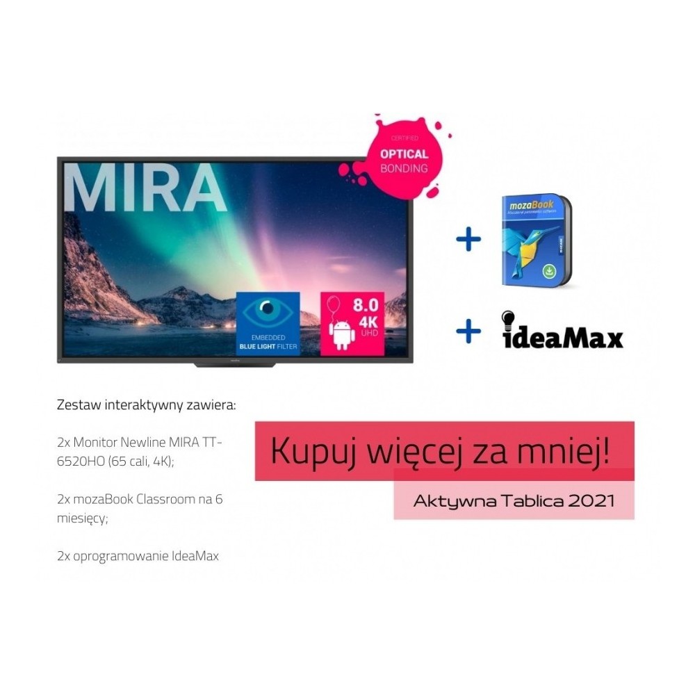 Zestaw interaktywny: monitor Newline MIRA TT-6520HO (65 cali, 4K) x2 mozaBook Classroom na 6 miesięcy x2 oprogramowanie IdeaMax