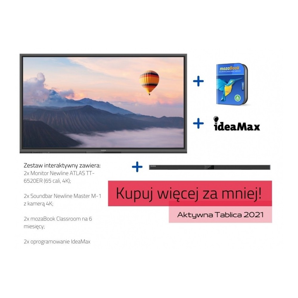 Zestaw interaktywny: monitor Newline ATLAS TT-6520ER (65 cali, 4K) x2 Soundbar Newline Master M-1 z kamerą 4K x2 mozaBook Classr