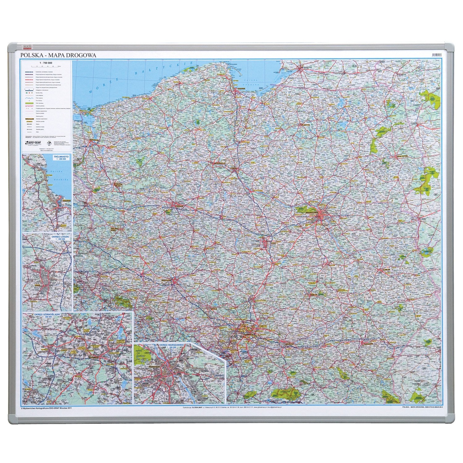 Mapa drogowa Polski 2x3 w ramie aluminiowej, płyta miękka