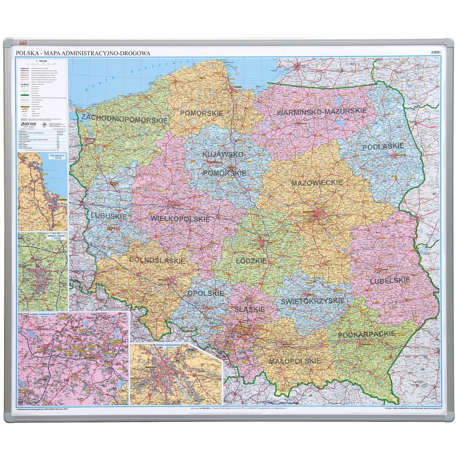 Mapa administracyjna Polski 2x3 w ramie aluminiowej, płyta miękka