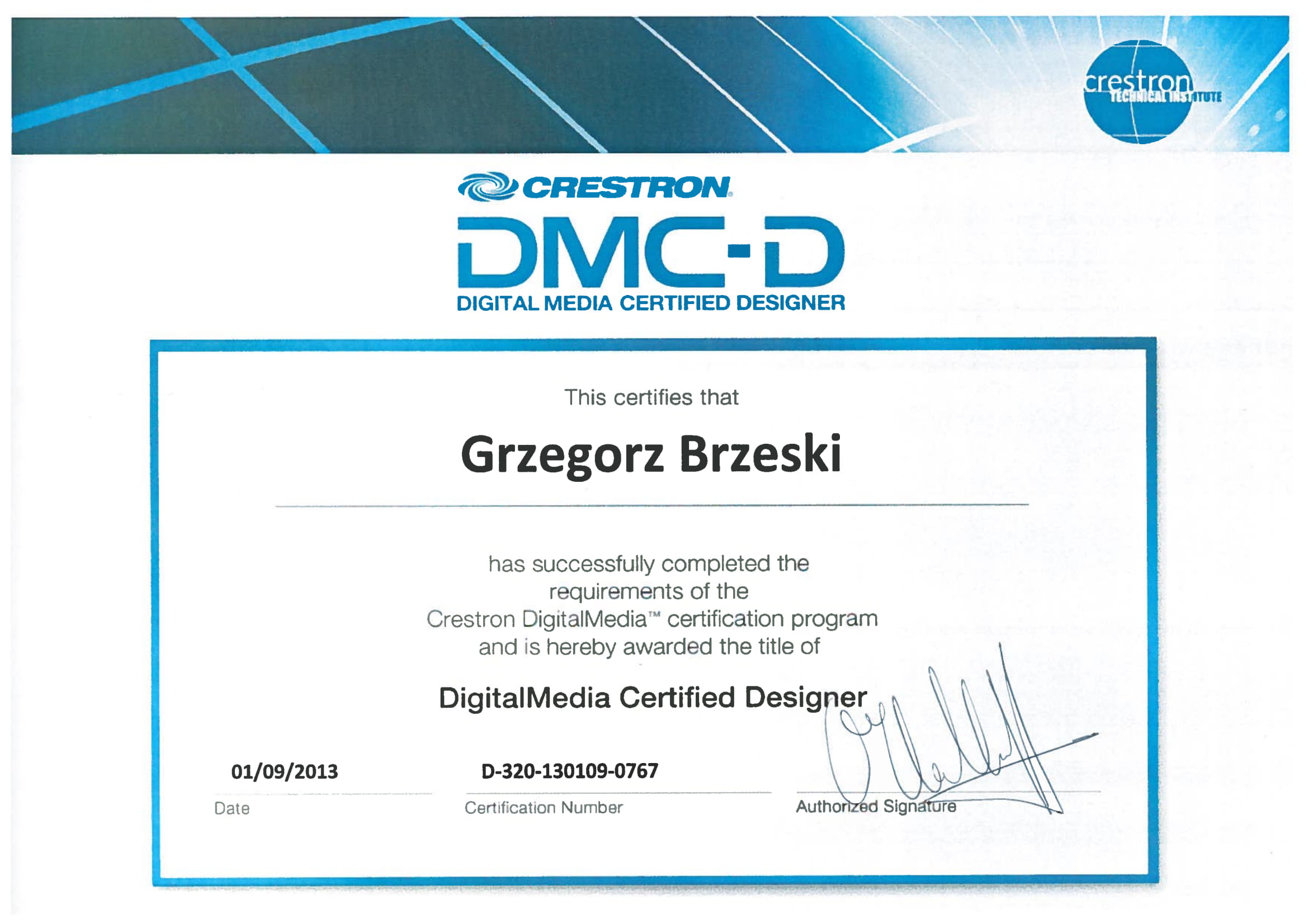 Certyfikat Creston Dmc