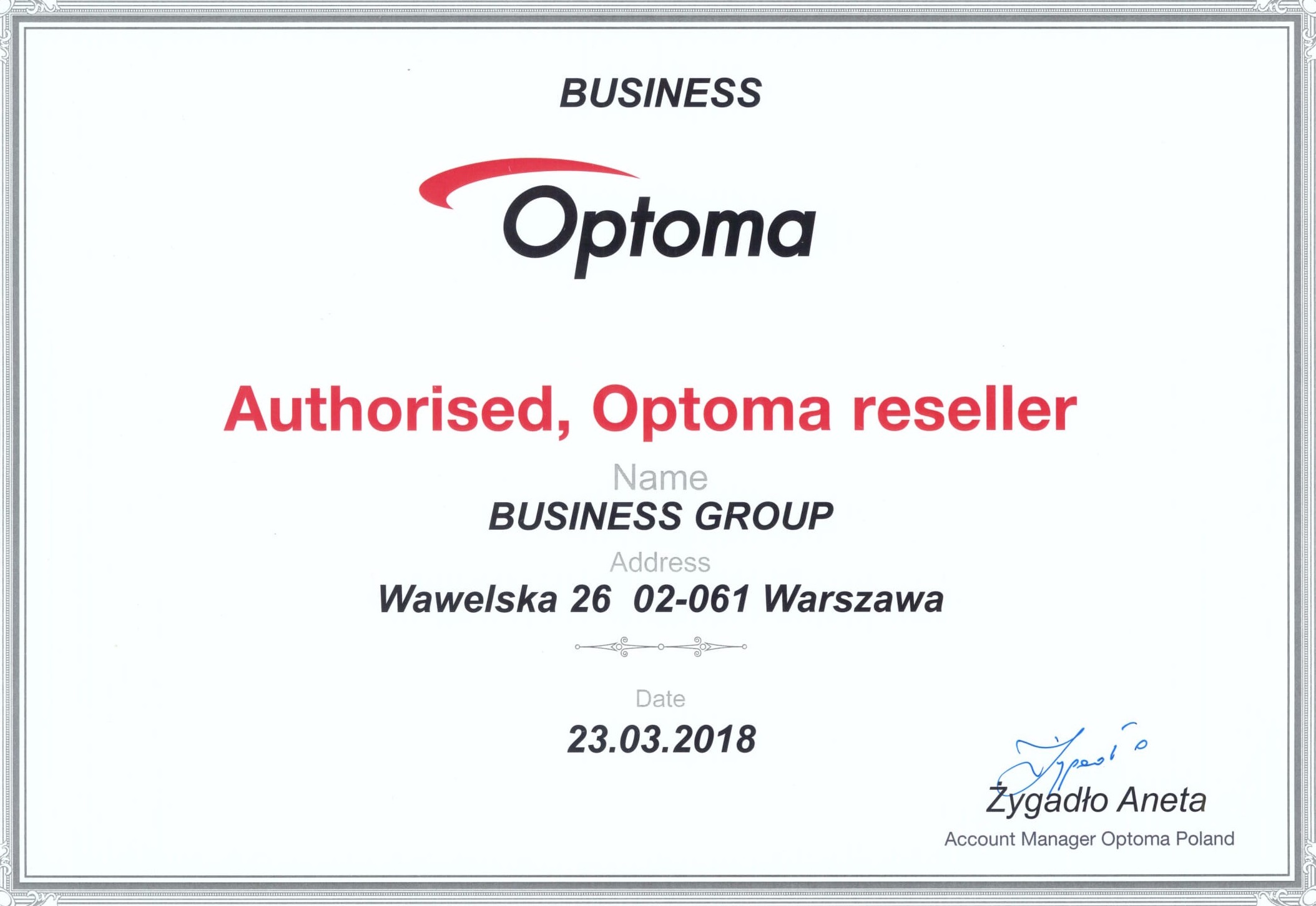 Certyfikat Optoma